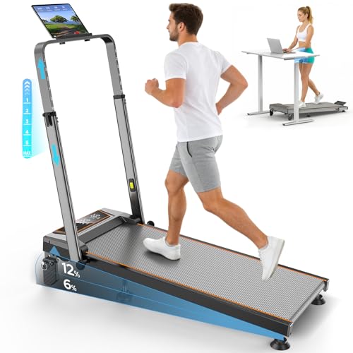 Walking Pad Treadmill with 12% Incline & Handle Adjustable Height, 3.5HP Foldable Walking Pad Treadmills for Home Office Small, One-Click Mute, Remote & APP, 350lbs, 6 HIIT Programs