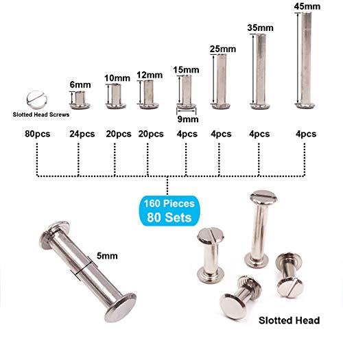 Seloky 80-Set Slotted Chicago Screw Binding Screws Posts Assortment Kit for Scrapbook Photo Albums Binding and Leather Saddles Purses Belt Repairï¼ˆM5 x 6/10/12/15/25/35/45ï¼‰