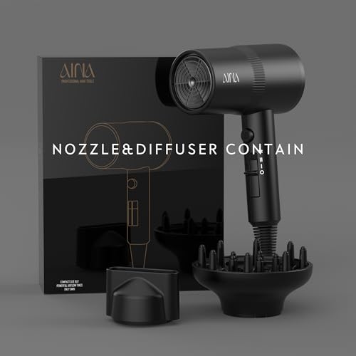AINA Hair Dryer with Diffuser, Blow Dryer for Women | Advanced Ionic Technology, Ceramic Coating | Cold Shot Features Turbo Heat for Fast Drying and Shine 110V/ALCI (Vader Black)