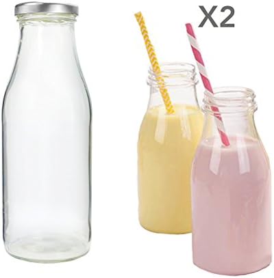 Set of 250ml Mini Milk Glass Bottles, clear with silver caps - Pack of 2