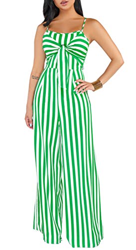 shekiss Womens Sexy Spaghetti Strap Striped Jumpsuits Tie Bowknot Loose Long Pants Casual Summer Rompers Green