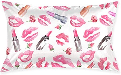 Hateone Pillow Protector Lipstick Kiss Prints with Rose Pillowcase - Zippered Pillowcase, Best Pillow Cover - Standard Size 20x30 Inches, Double-Sided Print