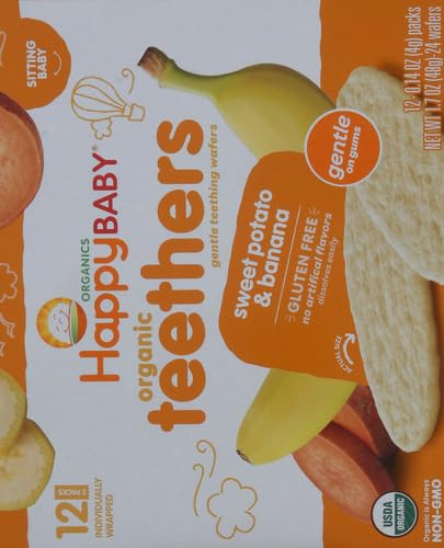 HAPPY BABY ORGANIC TEETHERS, BANANA AND SWEET POTATO, GENTLE TEETHING WAFERS, PACKETS, SOOTHING RICE COOKIES FOR TEETHING BABIES, 2 COUNT PER PACK, 12 COUNT PER BOX, 1.7 OUNCE