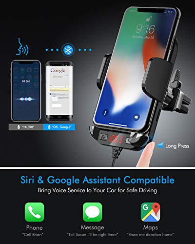 Tecboss Bluetooth FM Transmitter for Car, Latest Car Phone Holder Radio Bluetooth Adapter, Easy Attached to Air Vent, Supports Music Streaming, Enhanced Bass, Wireless Hands Free Car Kit - KM21