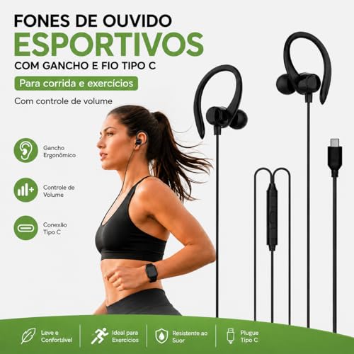 Fone de Ouvido Esportivo com Fio USB Tipo C. Intra-Auricular com Gancho, Microfone Integrado e Controle de Volume – Ideal para Corrida, Academia e Caminhadas (Preto, USB-C)