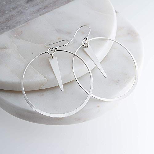 Large Flattened Circle Ring of Matte Sterling Silver Hoop Earrings with Trapezoid Component Drop SS-D43M-DROPMATTETRAP