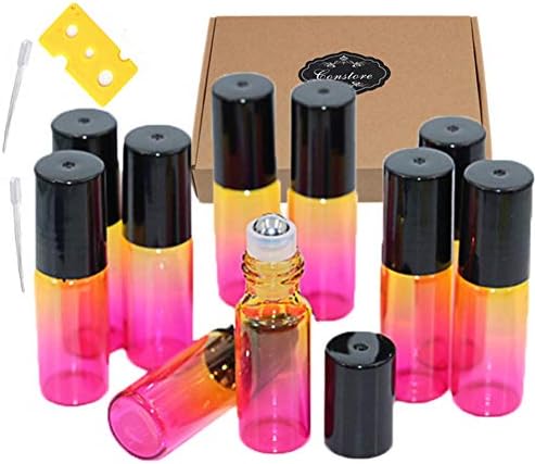 ConStore 5ml Roller Bottles For Essential Oil 35 Pack Rainbow Color Glass Bottle Sample Perfume Roll On Containers With 1pc Opener&Box,2pcs Dropper Travel Roller Ball Containers For DIY Aromatherapy
