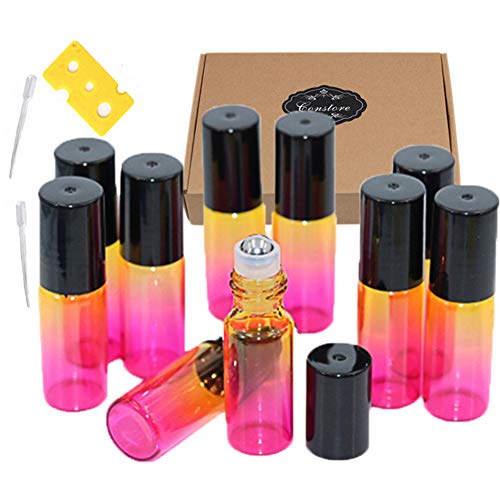 ConStore 5ml Roller Bottles For Essential Oil 35 Pack Rainbow Color Glass Bottle Sample Perfume Roll On Containers With 1pc Opener&Box,2pcs Dropper Travel Roller Ball Containers For DIY Aromatherapy