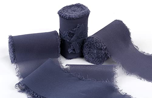 Joycrosso 3 Rolls Handmade Fringe Chiffon Ribbon Frayed Edges Smoke Blue Ribbon 60mmX4.5Meter, Great for Wedding Invitations, Bridal Bouquets, Decor Tie Gifts Wrapping, DIY Crafts
