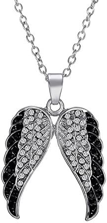 Angel Wings Pendant Necklace Studded With Sparkling Black And White Diamonds