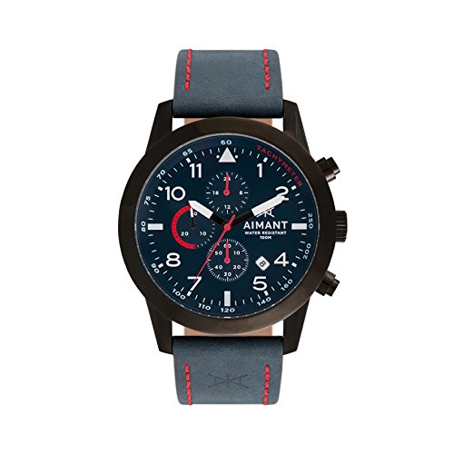 AIMANT Men's Berlin Black with Blue with Red Stitches Leather Band Watch GBE-190L2-21