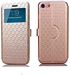 iPhone 7 Case, Flip PU Leather Case Touch Series View Window Folio Magnetic Closure with Stand Kickstand Card Holder TPU bumper full cover slim Case for iphone 7 (gold)
