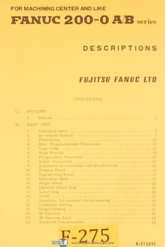 Fanuc 200-0 A/B Series, Fujitsu B-51359E, Descriptions Manual Spiral-bound – 1975