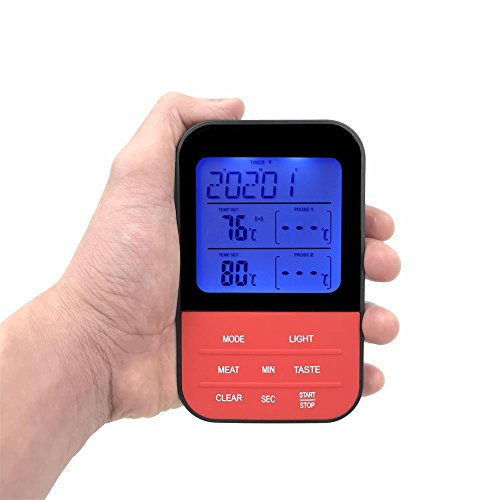 Wireless Remote Digital Cooking Food Meat Thermometer, Instant Read Large LCD Thermometer with Clock Timer and Dual Stainless Steel Long Food Grade Probe for Smoker Oven Kitchen BBQ Grill