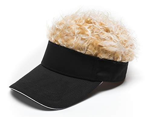 Men\'s Novelty Flair Hair Visors Spiked Funny Golf Hats Fake Wig Peaked Adjustable Baseball Caps Black Golden
