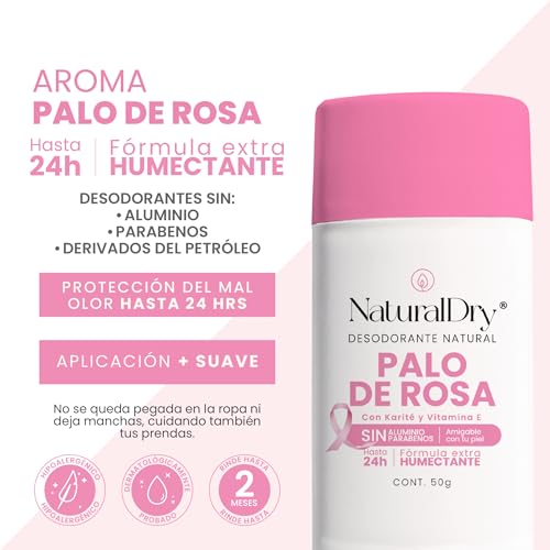 NaturalDry - ARTESANAL - Desodorante Natural Mujer - No obstruye los poros - Hidrata tu piel - SIN ALUMINIO - Elimina el mal olor - Aroma Palo de Rosa - Barra (1 unidad)