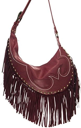 lcolette Oval Cross body Fringed And Studded Messenger Bag f959 (BURGUNDY)