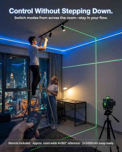 Laser Level, Self Leveling Laser Level 4D 16 Line 360° Green, Tripod & Wall Mount, Remote, Lift Platform, 2×2400mAh, IP54, ±0.2mm/10m