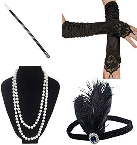1920s Accessories Set Roaring 20's Great Gatsby Theme Party Flapper Dress Costume Headband Headpiece Long Black Gloves Necklace Cigarette Holder Photo Prop Women