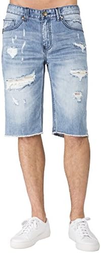 Men's Light Blue Relax Premium Denim Cut Off Shorts Distressed Mended Raw Edge