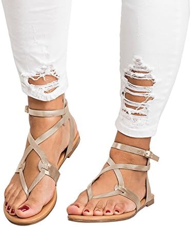 Misassy Womens Casual Clip Toe Flat Thong Sandals Strappy Ankle Strap Buckle Leather Sandals Shoes