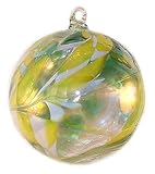 Friendship Ball Green / White / Yellow Twist 4 Inch Kugel Iridized Witch Ball by Iron Art Glass Designs
