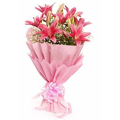FloraZone (Pink Lily) Fresh Bouquet of 6 Pink Asiatic Lilies, Same Day Delivery Flowers