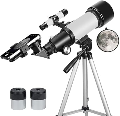 Telescópio para Adultos Iniciantes, 70 mm, 400 mm de abertura, suporte AZ completo, multicamada, refrator, telescópio tripé de viagem, adaptador de telemóvel (branco)