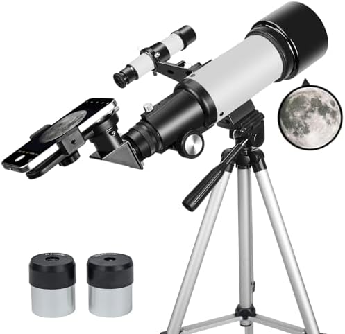 Télescope pour Adultes débutants, Ouverture 70 mm 400 mm AZ Mount Full Multi-Couches Réfracteur Optique Portable Télescope de Voyage avec trépied Adaptateur téléphone (White)