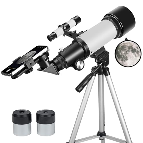 Telescopio para Adultos Principiantes, Apertura de 70 mm, 400 mm, Soporte AZ Completo, Multicapa, Refractor, telescopio de Viaje con trípode, Adaptador de teléfono (White)