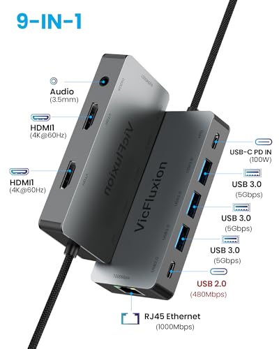 USB C Docking Station Dual Monitor, 9-in-1 USB Hub with 2 HDMI 4K@60HZ, 1×1000Mbps Ethernet, 3× USB 3.0, 1× Type C, 1× PD Charging, 1×3.5mm Audio, Dock for Laptop/Computer/Tablets/Windows