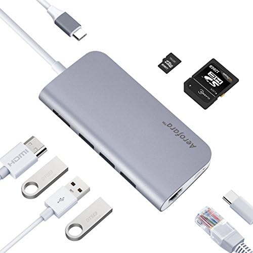 USB Type C Hub Adapter With HDMI 4K and Gigabit Ethernet, Power Delivery PD2.0, SD/ MicroSD Card Reader, 3 USB 3.0 Ports, Aluminum 8 in 1 Multiport Adapter Dongle for Macbook Pro (Space Gray)