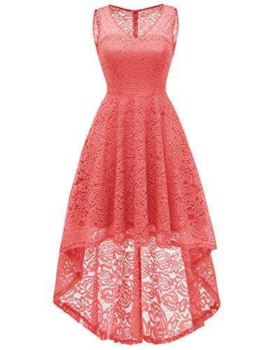 DRESSTELLS-Womens-Cocktail-V-Neck-Dress-Floral-Lace-Hi-Lo-Formal-Swing-Party-Dress-Coral-S