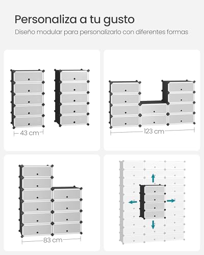 SONGMICS Zapatero Modular con 10 Compartimentos, Estantería Modular de Plástico, Bricolaje, con Puerta, con Martillo, Negro MLPC10H