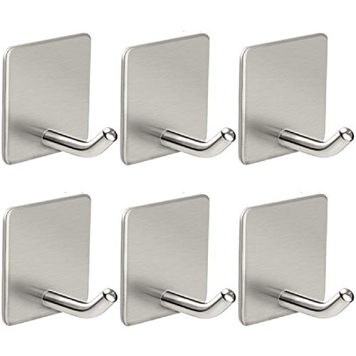 6 Pack Towel Hooks, Anteer Self Stick Robe Hooks Key Hooks Heavy Duty Coat Hooks Stainless Steel Stick on Wall Hooks for Home, Kitchen, Bathroom