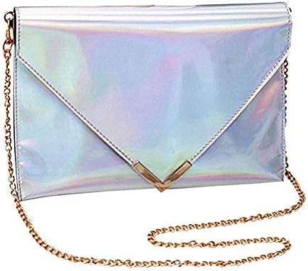 LA HAUTE Geometric Luminous Clutch Purse Holographic Pu Leather Shoulder Handbag Laser Chain Crossbody Bag