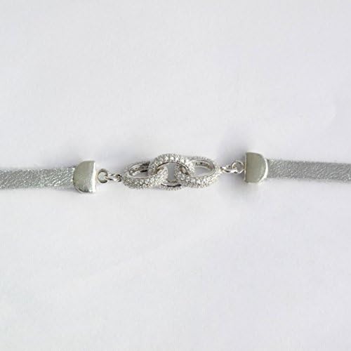 Pave CZ Diamond Silver Leather and Sterling Silver Trendy Choker - 12" Length Adjustable to 14" Length Handmade High Quality