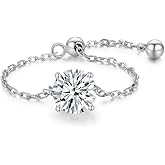 Solitaire Diamond Link Chain Statement Ring Cubic Zirconia with Dangling Bead Ball Tassel Adjustable Stacking Rings Promise Eternity Wedding Engagement Finger Bands Dainty Jewelry for Women Her