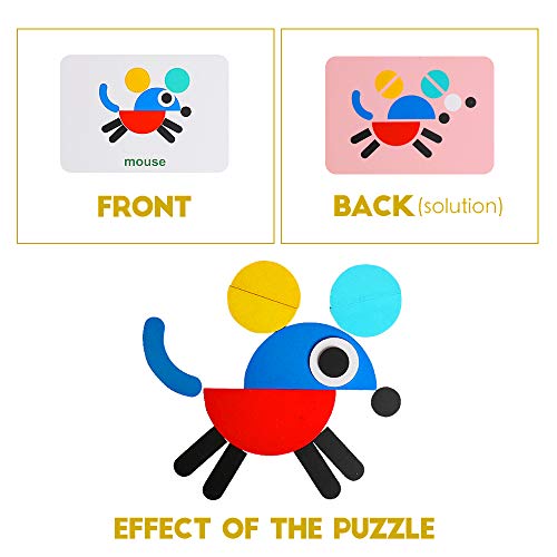 JCREN Wooden Pattern Blocks Animals Jigsaw Shape Puzzle Travel Sorting and Stacking Games Montessori Educational Toys for Toddlers Kids 2+ Years Old (36 Shape Pieces and 60 Design Cards in Iron Box