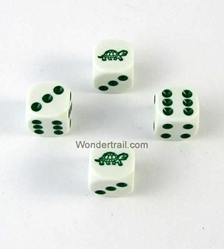 WKP14012E4 Turtle Dice D6 White Opaque with Green Pips 16mm (5/8in) Set of 4 Dice Koplow Game