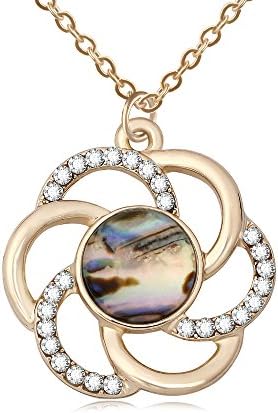 RUXIANG Fashion Rhinestone Crystal Hollow Flower Circle with Natrual Abalone Paua Shell Pendant Necklace (gold)
