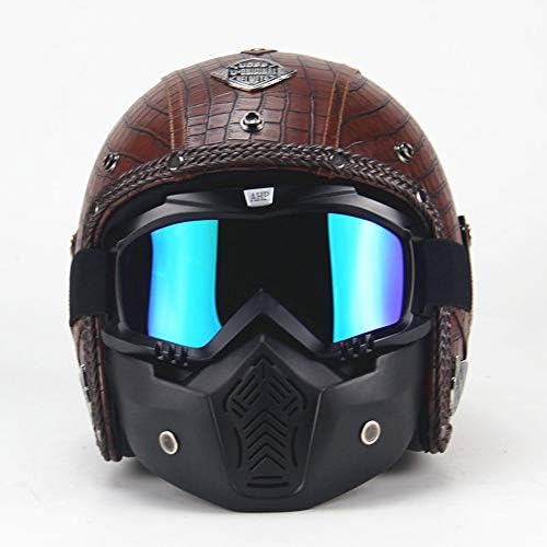 MRDEER Handmade Leather Motorcycle Helmet Vintage Flip Up Helmet Full Face Helmet Scooter Helmet, Unisex, Includes Mask And Sun Visor (M, L, XL, XXL) Size, 9 Styles