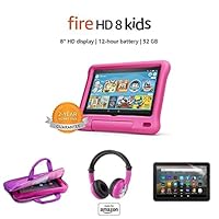 Fire HD 8 Kids Tablet, 8” HD Display (32 GB, Pink) + Zipper Sleeve + Kids Headset + Screen Protector