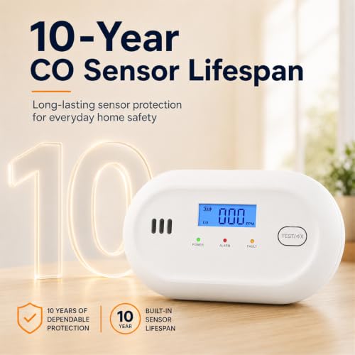 Hapippofa Carbon Monoxide Alarm with Digital Display, Battery Powered CO Detector with Replaceable AA Batteries, 10-Year Sensor Life, 85 dB Alert, EN 50291, for Home & Travel, 1 Pack