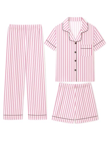 LANKMEI Boys Girls Pajamas Set 3pcs Soft Button-Down Short Sleeve Kids Pjs Loungewear Sleepwear, Stripe Pink, 7-8 Years at Amazon