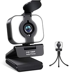 Auto-Focus Streaming 1080P Webcam with Microphone – 2021 Full HD USB Webcam, Adjustable Light, Privacy Cover, Tripod，Plug and Play for PC Video Conferencing/Calling/Gaming, Skype/YouTube/Zoom/Facetime