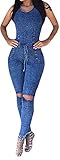 Lovaru Women's Sleeveless Bodysuit Boyfriend Denim Romper Hole Jean Tank Jumpsuit,Blue,Large