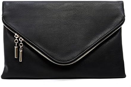 Elphis Fashion Evening Large Envelope Fold Over Clutch Purse Cross Body Bag (Black)