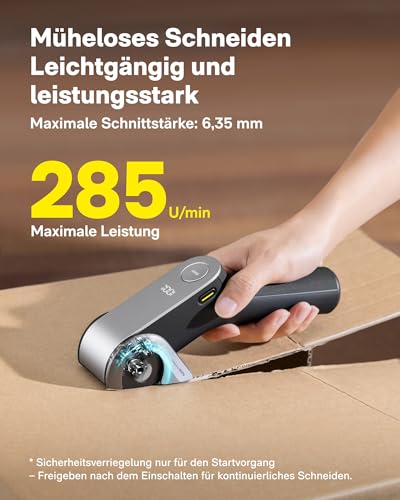 HOTO EdgeFlow Elektrisch Kartonschneider mit Titanklinge & LED-Display, Elektrische Schere, Selbstschleifend & Werkzeugloser Einfacher Klingenaustausch, Sicherheitsriegel für Karton, Teppich, Leder