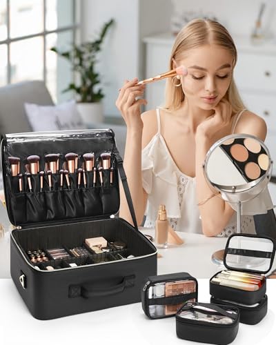 Relavel Makeup Bag Extra Large Makeup Bag Professional Makeup Artist Bag: Inside, Travel Cosmetic Storage Box with 4 Small Portable Pockets and